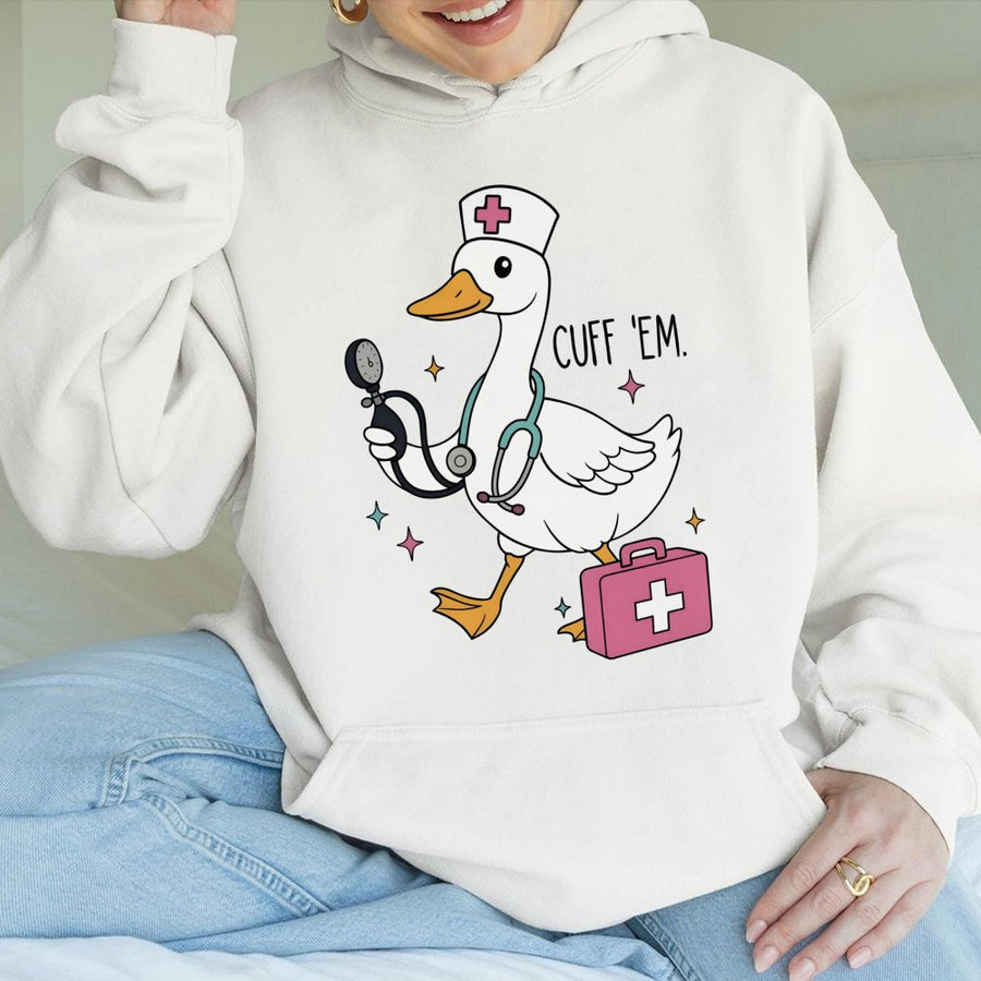 Nurse Goose Hoodie | Funny Cuff Em Medical Design | Premium Cotton Blend Pullover | Cute Nurse Appreciation Gift for Nursing Student
