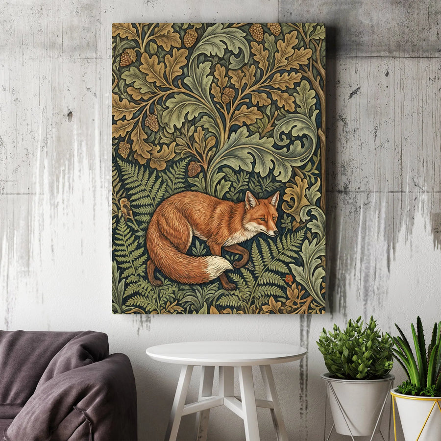 Vintage Fox Canvas Wall Art | William Morris Style Fox and Fern Illustration | Premium Fade-Resistant Canvas | Gift for Nature Lover, Rustic Home Decor