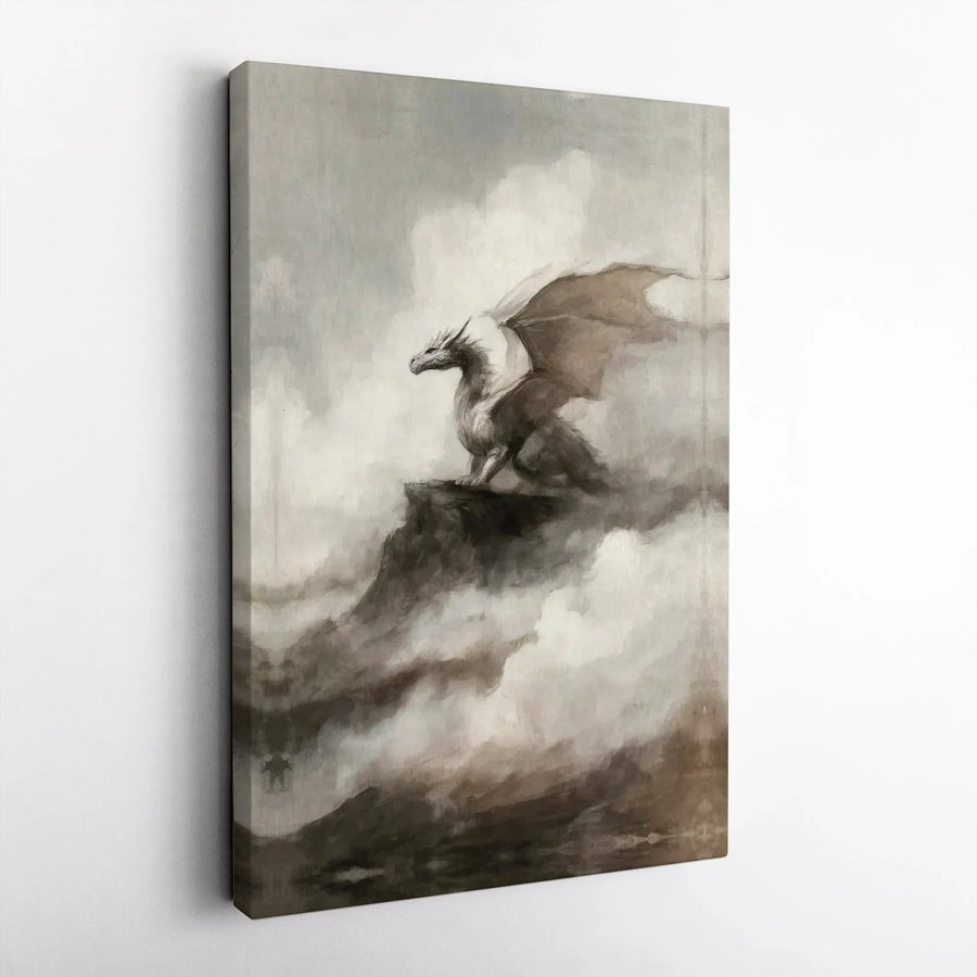 Fantasy Dragon Canvas Wall Art | Misty Mountain Cliff Watercolor Painting | Premium Gallery Wrapped Decor | Mythical Creature Gift For Fantasy Fans