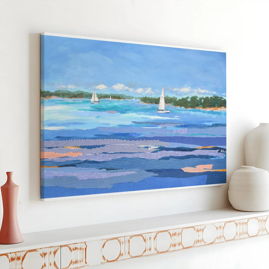 Coastal Sailboat Canvas Print | Modern Abstract Seascape with Striped Water Detail | Premium Gallery Wrapped Art | Nautical Wall Decor for Living Room