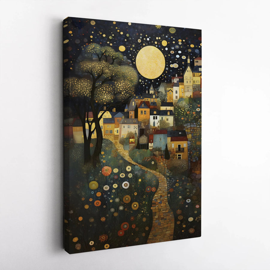 Celestial Village Canvas Wall Art | Starry Night Full Moon Painting | Premium Thick Gallery Wrap Canvas | Bohemian Home Decor Collector's Gift