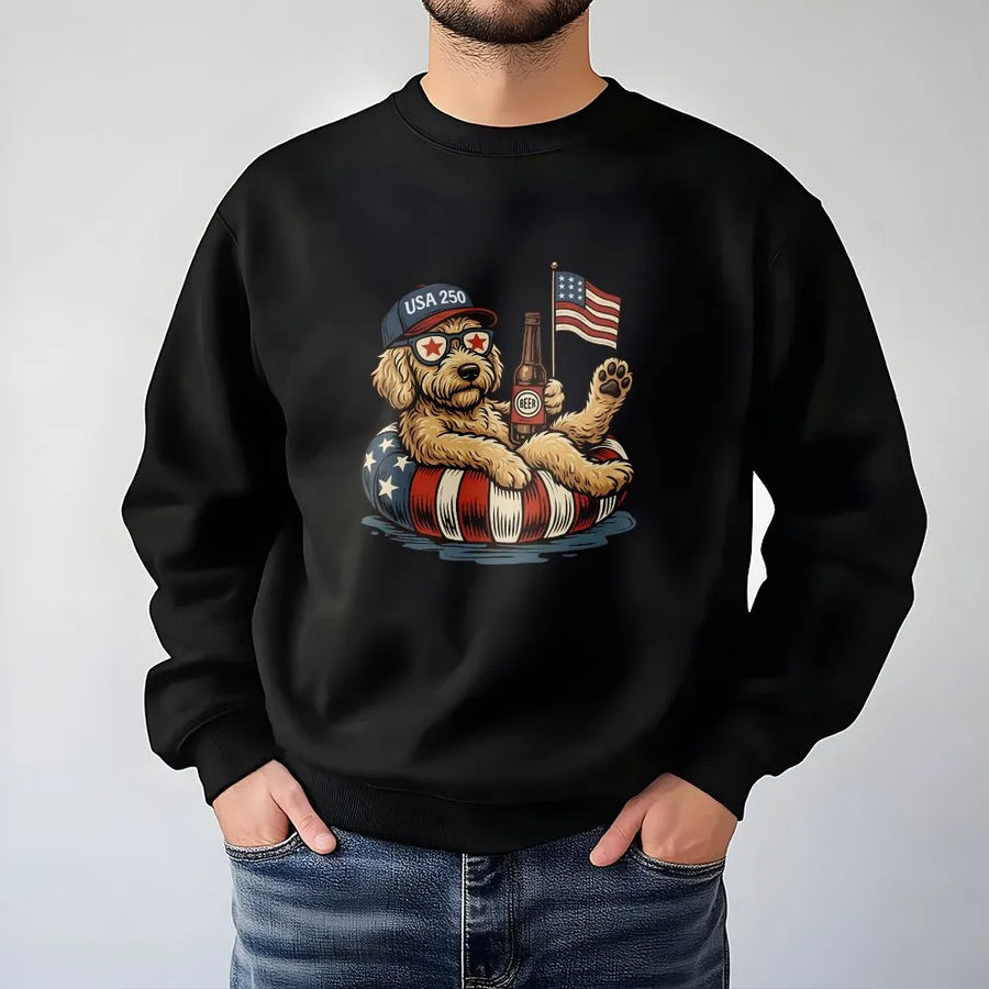 Patriotic Doodle Sweatshirt | Funny USA 250th Anniversary Dog with Beer | Cozy Cotton Blend Unisex Crewneck | 4th of July Gift for Dog Lover