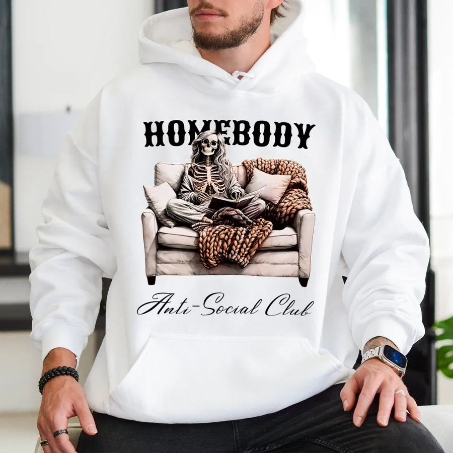 Homebody Skeleton Hoodie | Cozy Introvert Couch Graphic | Premium Cotton Blend Unisex Sweatshirt | Spooky Season Gift for Book Lovers