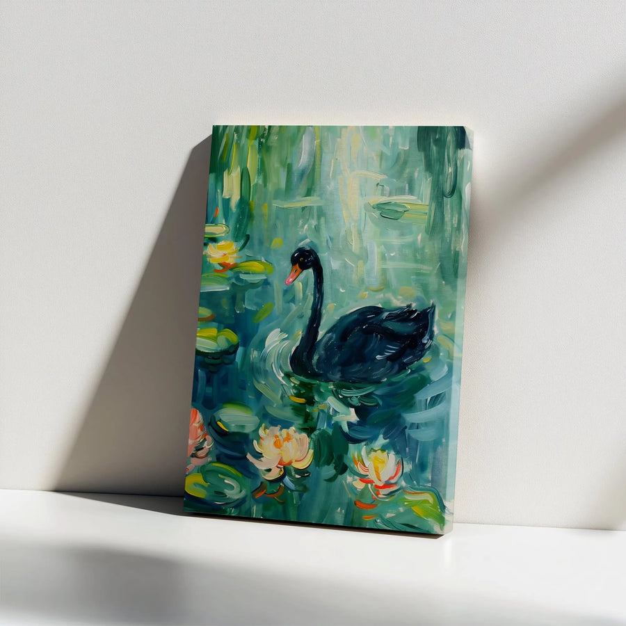 Black Swan Canvas Wall Art | Impressionist Water Lilies Print | Premium Gallery Wrap Decor | Nature Inspired Gift for Home Office