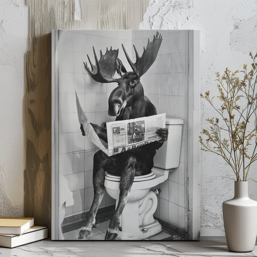 Moose Reading Newspaper on Toilet Canvas Art | Funny Bathroom Wall Decor | 1.25-Inch Gallery Wrap Canvas | Unique Humorous Gift for Men and Women