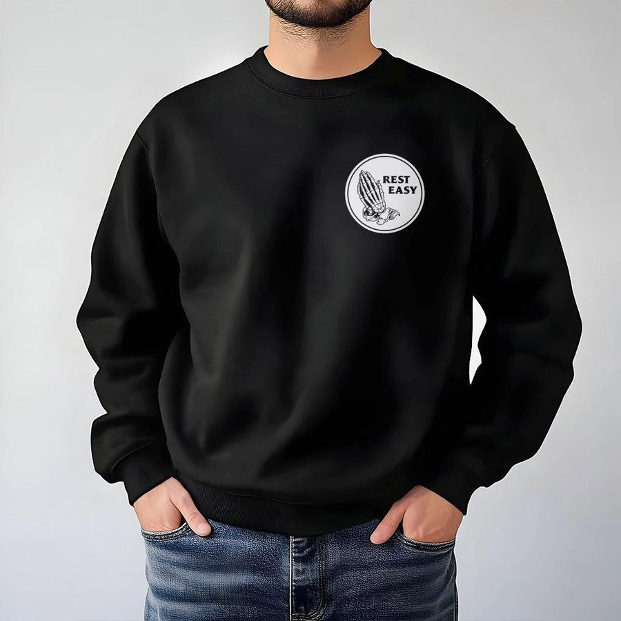 Rest Easy Skeleton Hands Sweatshirt | Praying Skeleton Gothic Graphic Tee | Premium Cotton Blend Crewneck | Edgy Streetwear Gift for Men and Women