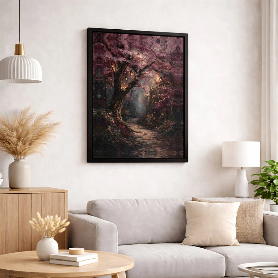Enchanted Forest Canvas Wall Art | Whimsical Cherry Blossom Path with Glowing Lanterns | Premium Gallery-Wrapped Print | Dreamy Nature Home Decor
