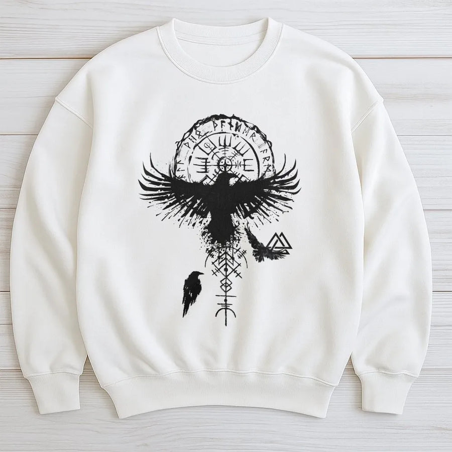 Viking Raven Sweatshirt | Vegvisir Norse Compass & Runes Graphic | Premium Cotton Tee | Mythology Fan Gift