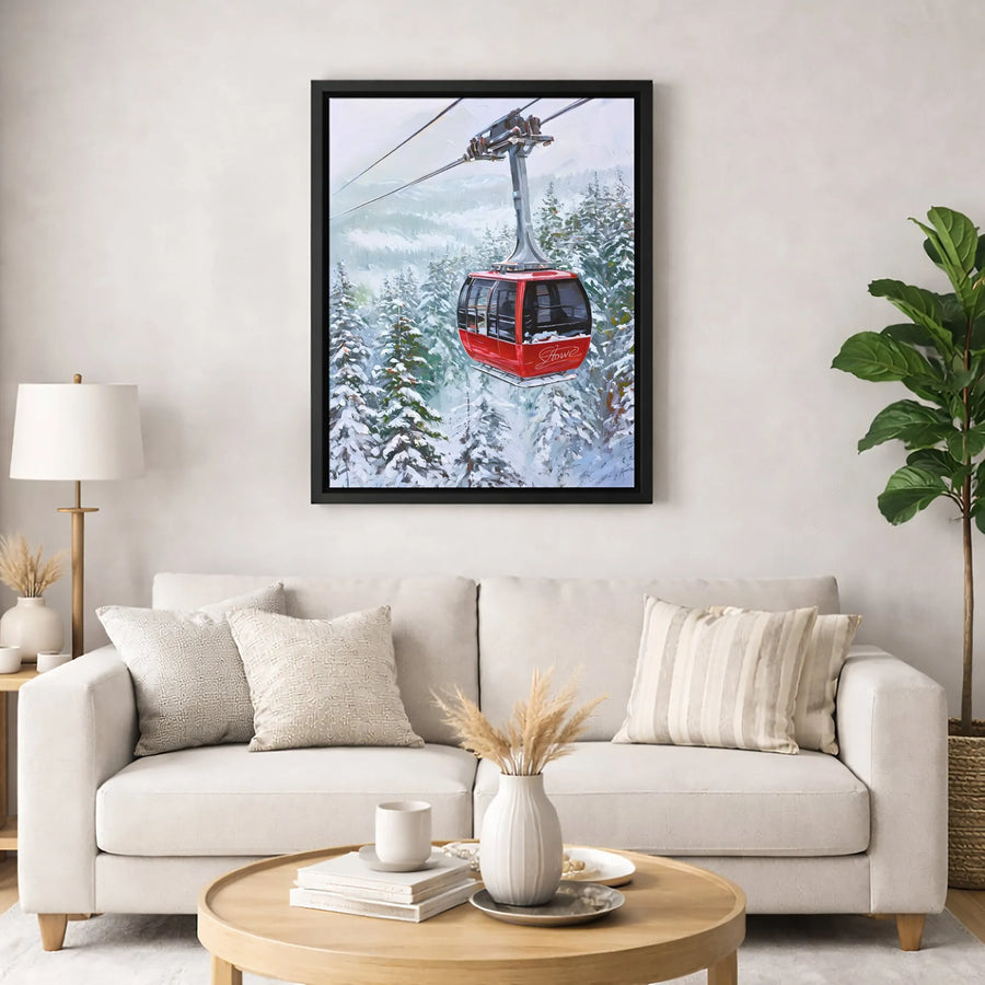 Stowe Ski Gondola Wall Art | Snowy Mountain Landscape Painting | Premium Gallery-Wrapped Canvas | Winter Sports Decor for Home or Cabin