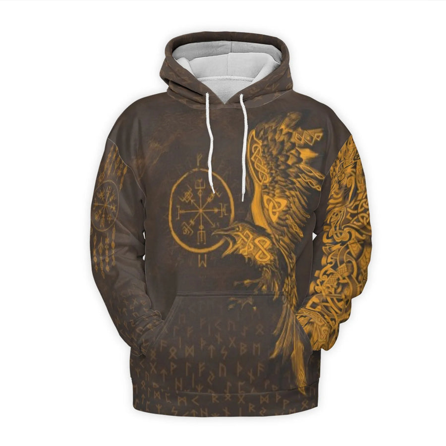 Viking Raven Hoodie | Norse Vegvisir Compass & Runes | Premium Brushed Fleece Polyester | Unisex Streetwear Gift for Viking Mythology Fans