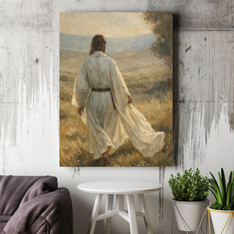 Jesus Walking In Field Canvas Art | Religious Wall Decor | Premium Fade-Resistant Gallery Wrap | Christian Spiritual Home Gift