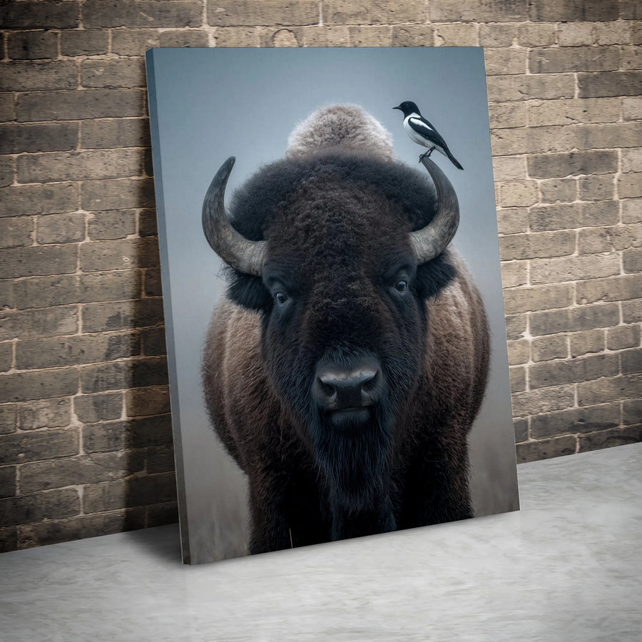 American Bison Canvas Print | Wildlife Nature Wall Art with Magpie | Premium Gallery Wrapped Decor | Gift for Animal Lovers