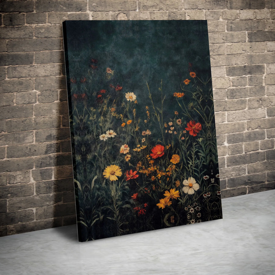 Vintage Wildflower Canvas Wall Art | Moody Botanical Meadow Painting | Premium Gallery Wrapped Print | Dark Cottagecore Home Decor Gift