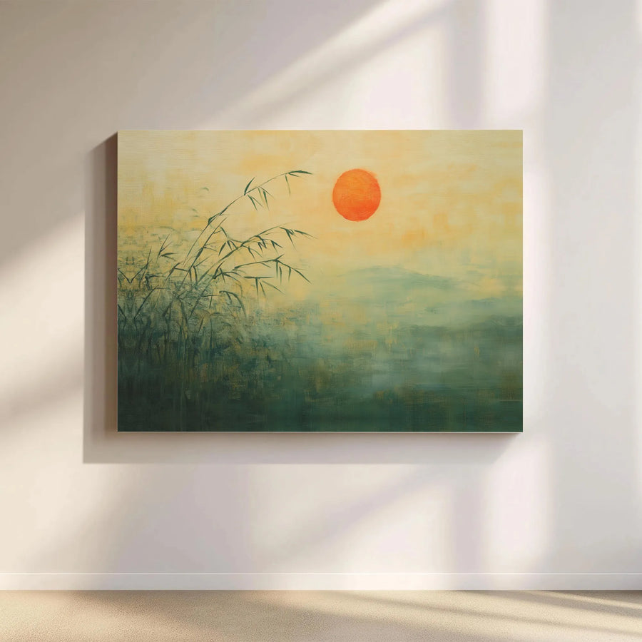 Japanese Bamboo Canvas Art | Red Sun Misty Mountain Landscape | Premium Gallery Wrapped Decor | Zen Wall Art for Home or Office