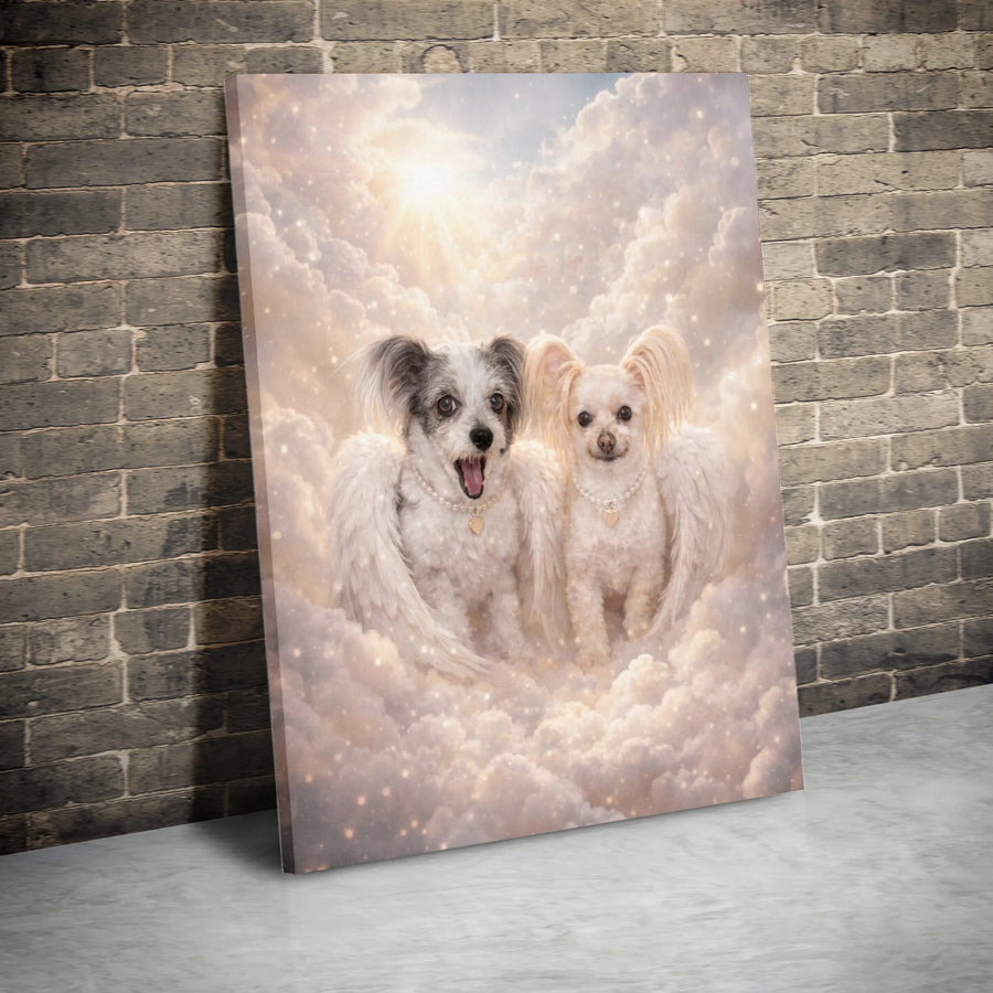 Dog Memorial Canvas Print | Two Dogs with Angel Wings in Heaven | Premium Gallery Wrapped Wall Art | Pet Loss Sympathy Gift for Dog Lover