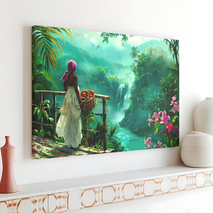 Tropical Waterfall Canvas Print | Lush Jungle Paradise Scene with Woman & Fruit Basket | Premium Gallery Wrapped Canvas | Bohemian Home Decor Gift