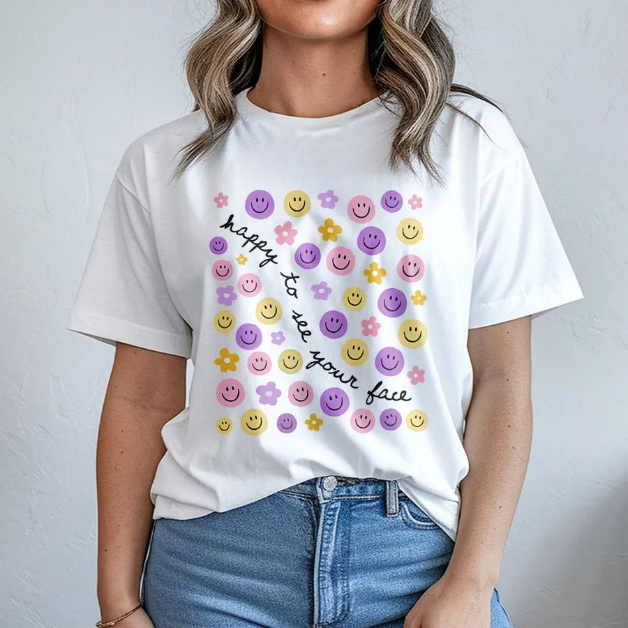 Happy To See Your Face Teacher T-Shirt | Back To School Cute Typography Design | 100% Cotton Premium Tee | Appreciation Gift For Educators