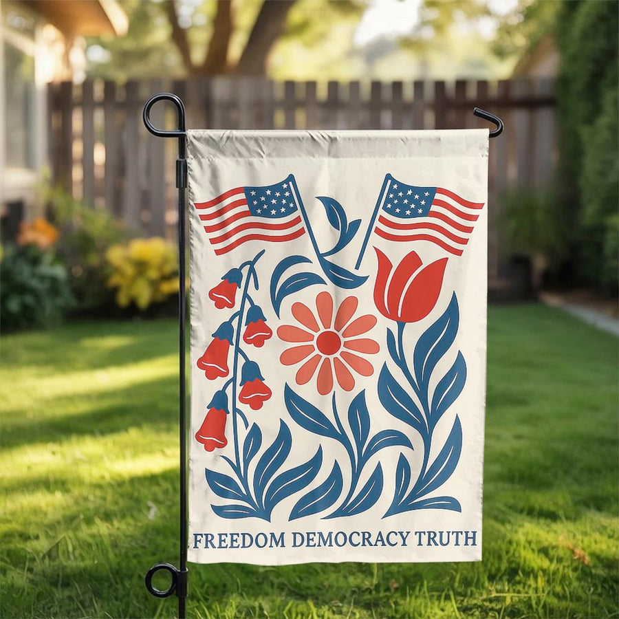 Freedom Democracy Truth Garden Flag | Patriotic Folk Art Floral Design | Durable All-Weather Polyester | July 4th Memorial Day Outdoor Yard Decor