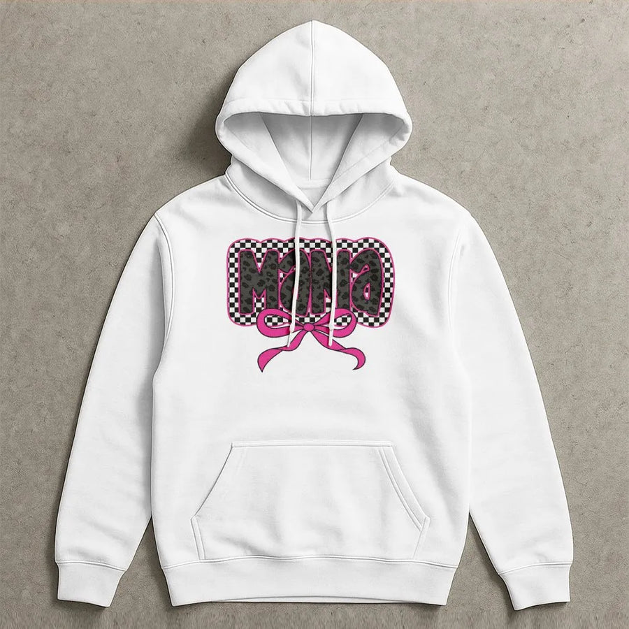 Coquette Mama Hoodie | Leopard Checkered Pink Bow Graphic | Premium Crewneck Pullover | Trendy Gift for New Mom