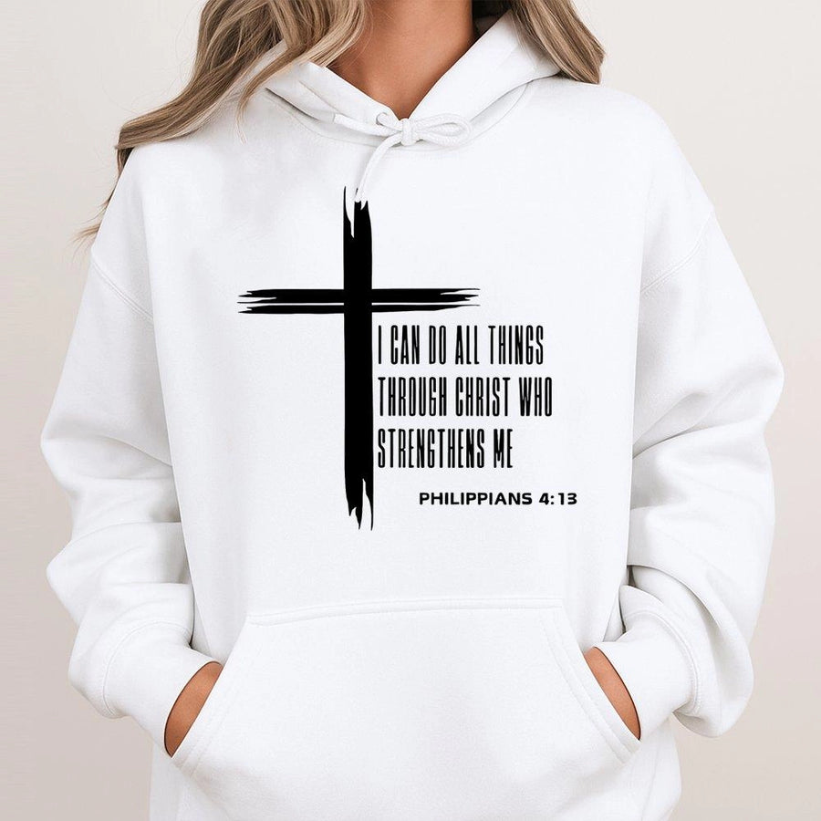 Philippians 4:13 Christian Hoodie | Bible Verse Cross Graphic Print | Premium Cotton-Poly Blend | Religious Gift for Men and Women