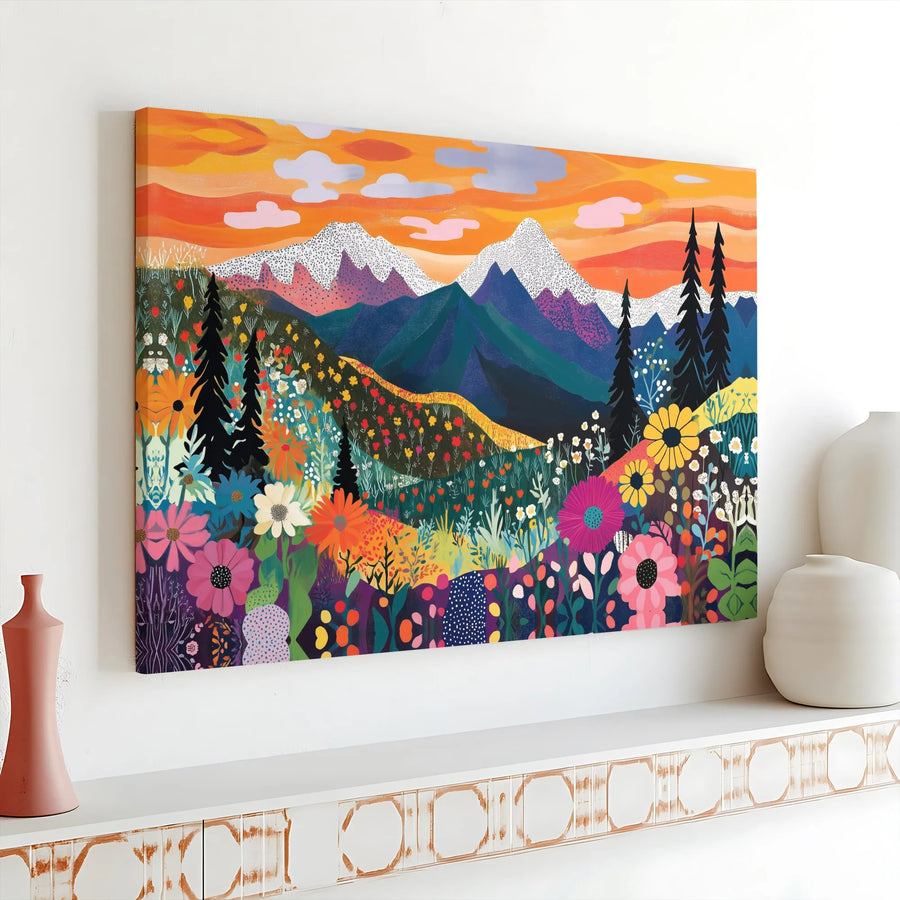 Mountain Wildflower Canvas Art | Colorful Folk Art Landscape Print | Premium Gallery Wrapped Wall Decor | Gift for Nature Lover