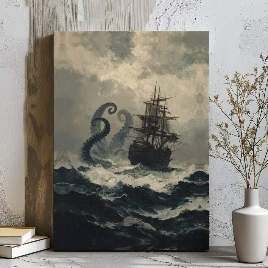 Kraken Sea Monster Canvas Art | Vintage Nautical Ship Storm Painting | Premium Gallery Wrap Wall Decor | Mythical Ocean Adventure Gift