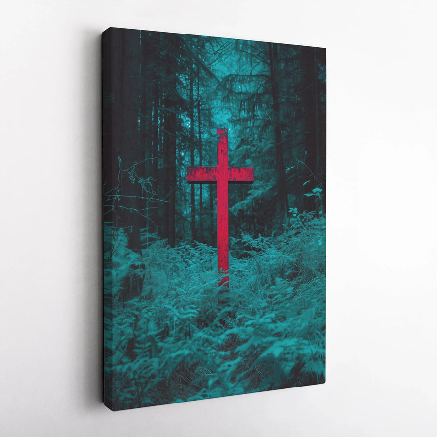 Christian Cross Wall Art Canvas | Moody Dark Forest Scene with Red Cross | Premium Gallery Wrapped Print | Modern Spiritual Home Decor Gift