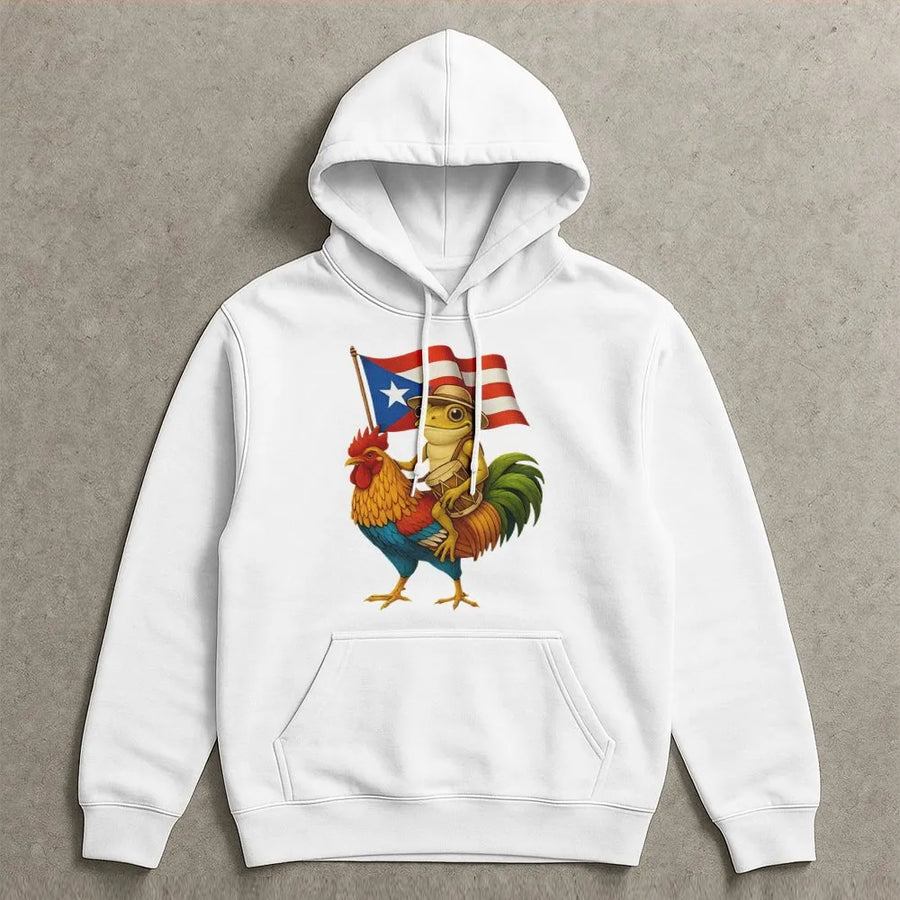 Puerto Rican Pride Hoodie | Coqui Frog Playing Drum on Rooster Graphic | Soft Cotton Blend | Boricua Heritage Gift for Men and Women