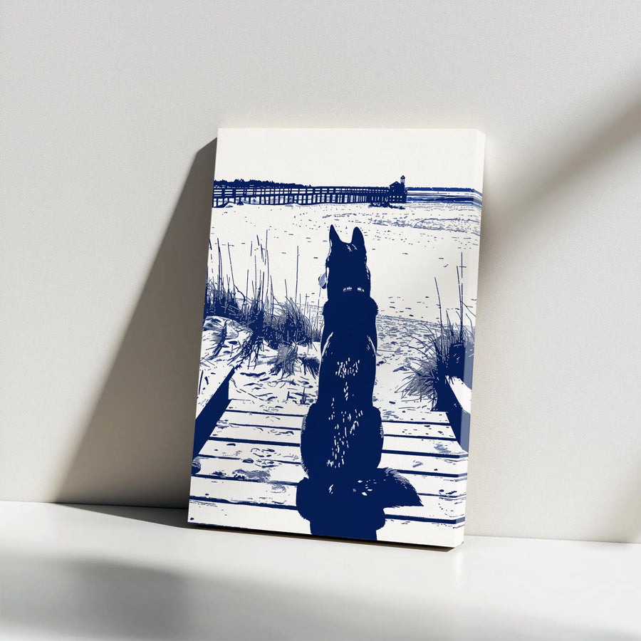 Dog on Beach Canvas Wall Art | Minimalist Coastal Dog Silhouette | Premium Thick Gallery Wrap | Nautical Home Decor Gift for Dog Lover
