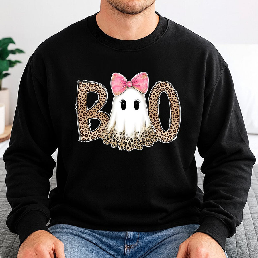 Ghost Boo Sweatshirt | Preppy Leopard Print Coquette Bow | Premium Cotton Blend | Trendy Halloween Gift for Women and Teens