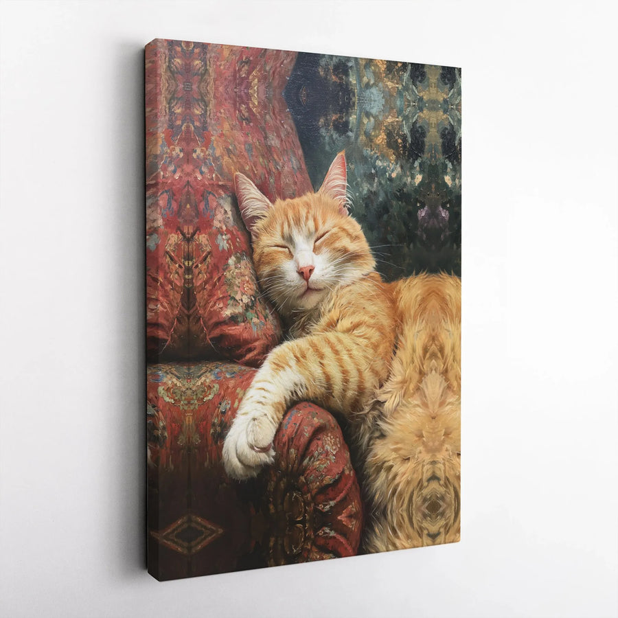 Sleeping Orange Tabby Cat Vertical Canvas | Vintage Oil Painting Style Cozy Feline Wall Art | Premium 1.25” Gallery Wrap | Cute Pet Lover Gift, Cozy Home Decor