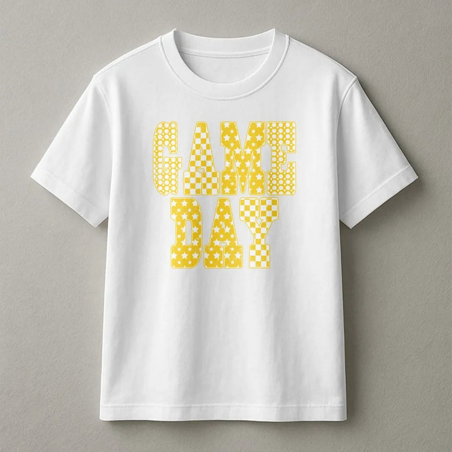Game Day T-Shirt | Retro Yellow Checkered Star Graphic | Cozy Cotton Blend | Gift for Football Mom, Preppy Tailgate Apparel