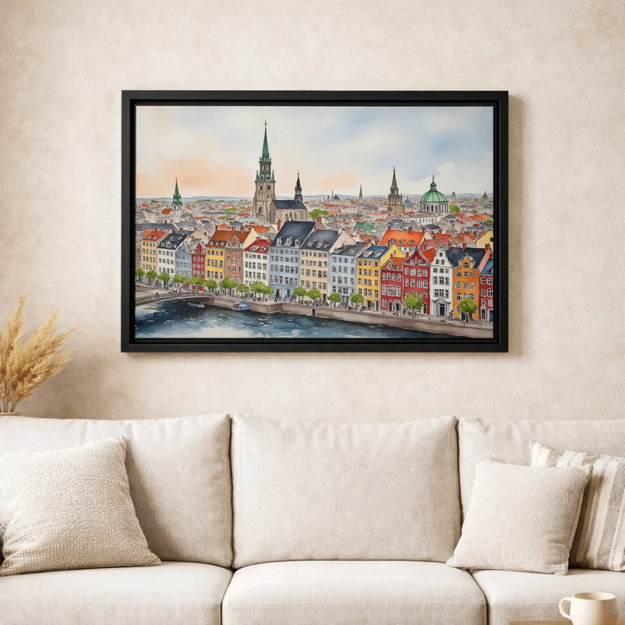Copenhagen Cityscape Canvas Art | Colorful Watercolor Nyhavn Waterfront Print | Premium Gallery-Wrapped Wall Decor | Travel Lover Gift