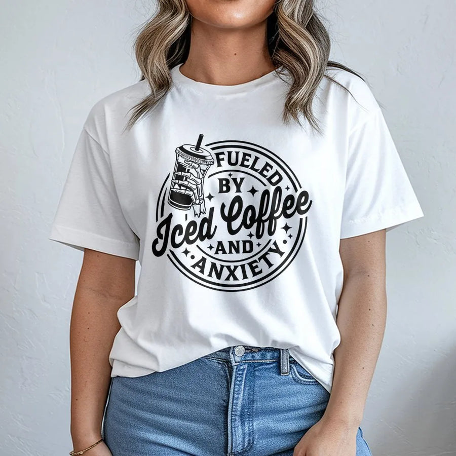 Fueled By Iced Coffee And Anxiety T-Shirt | Skeleton Hand Graphic Tee | Premium Soft Cotton | Funny Coffee Lover Gift for Women and Men