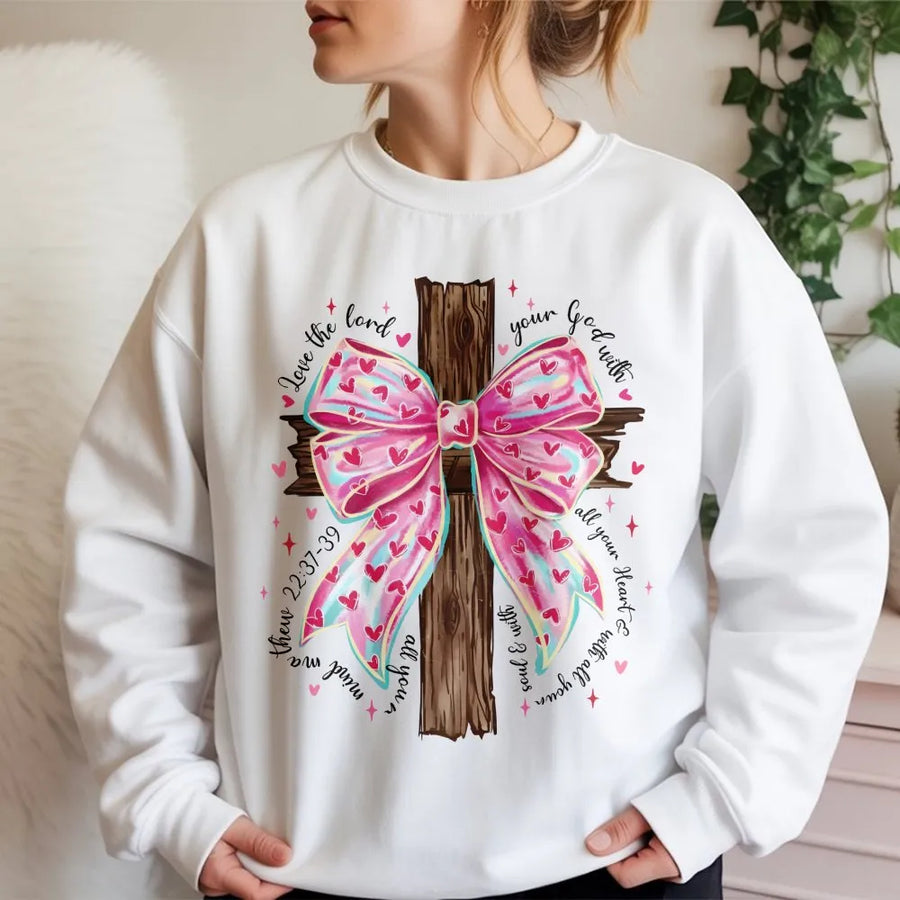 Christian Sweatshirt | Pink Coquette Bow and Cross Design | Premium Cotton Blend | Faith-Based Bible Verse Gift for Women