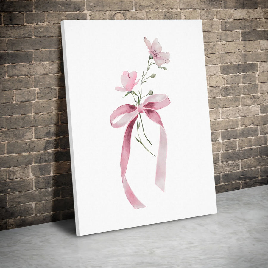 Watercolor Flower Wall Art | Pink Ribbon Bow Botanical Print | 1.25 Inch Gallery Canvas | Aesthetic Feminine Home Decor Gift
