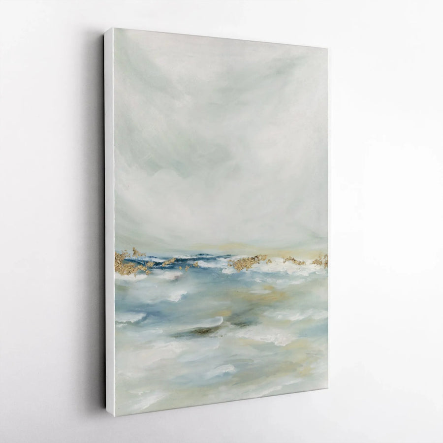 Abstract Coastal Canvas Wall Art | Minimalist Ocean Painting with Gold Accent | Premium Thick Gallery Wrap Canvas | Modern Living Room Decor Gift