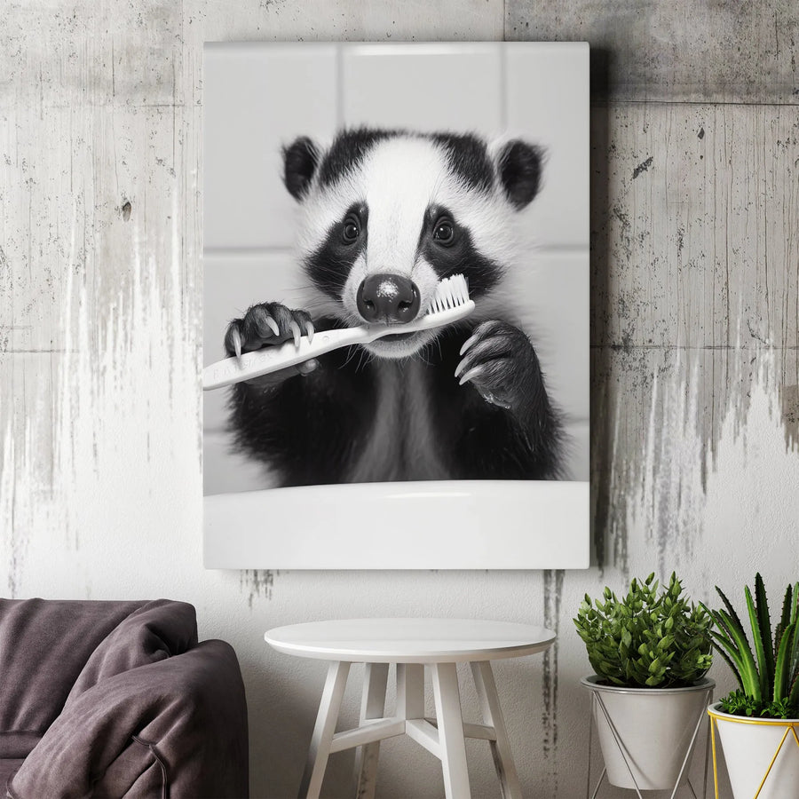Badger Brushing Teeth Canvas Art | Funny Animal Bathroom Decor | Gallery-Wrapped Premium Print | Whimsical Wall Art Gift for Animal Lovers