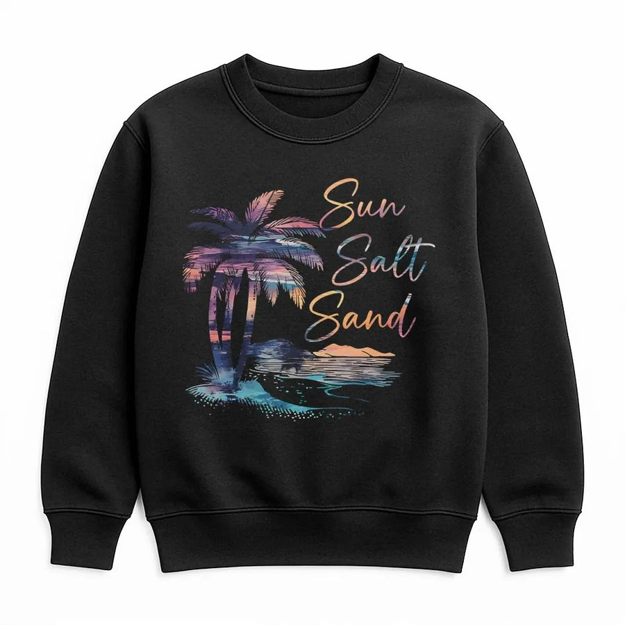 Sun Salt Sand Sweatshirt | Retro Beach Sunset Graphic | Premium Cotton Blend | Coastal Summer Vacation Gift for Women and Men
