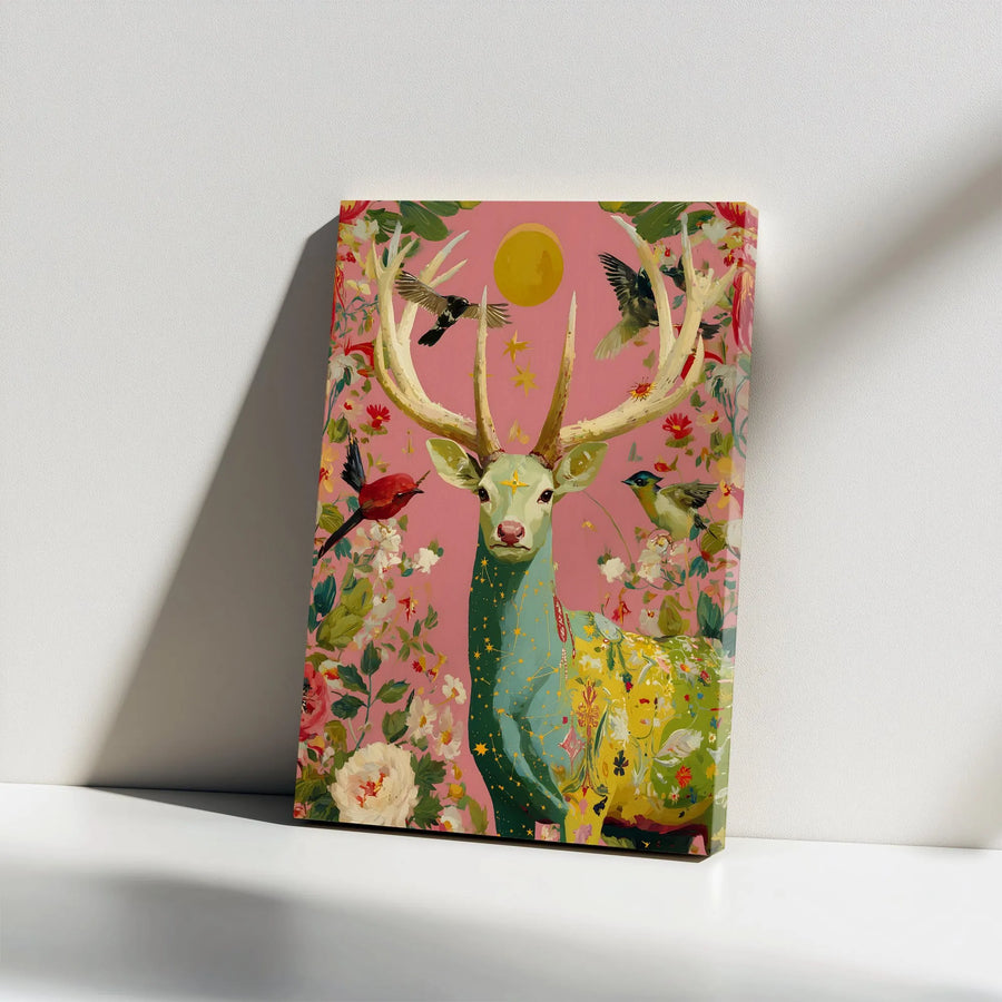 Celestial Deer Vertical Canvas | Mystical Stag & Floral Bird Painting | Premium Gallery Wrap Wall Art | Boho Home Decor Collector's Gift