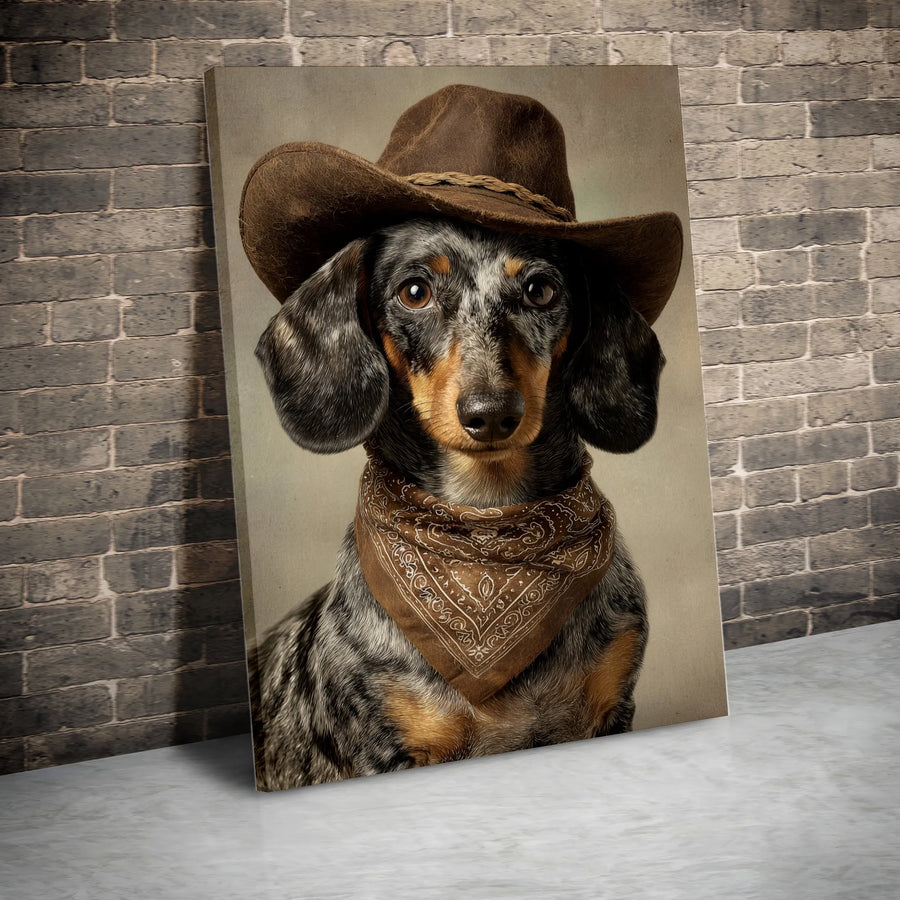 Dachshund Wall Art Canvas | Cowboy Dog Portrait with Hat and Bandana | Gallery Quality Wrapped Print | Rustic Western Pet Lover Gift