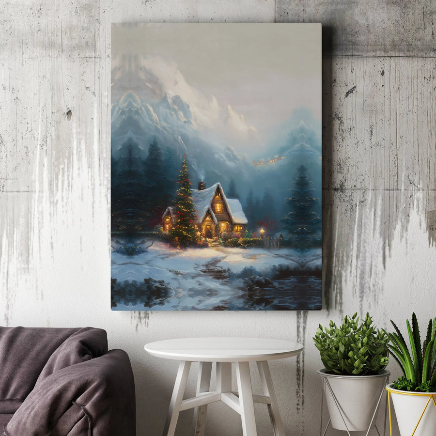 Winter Cabin Canvas Print | Snowy Mountain Forest Landscape | Premium Gallery Wrap Wall Art | Cozy Christmas Home Decor Gift