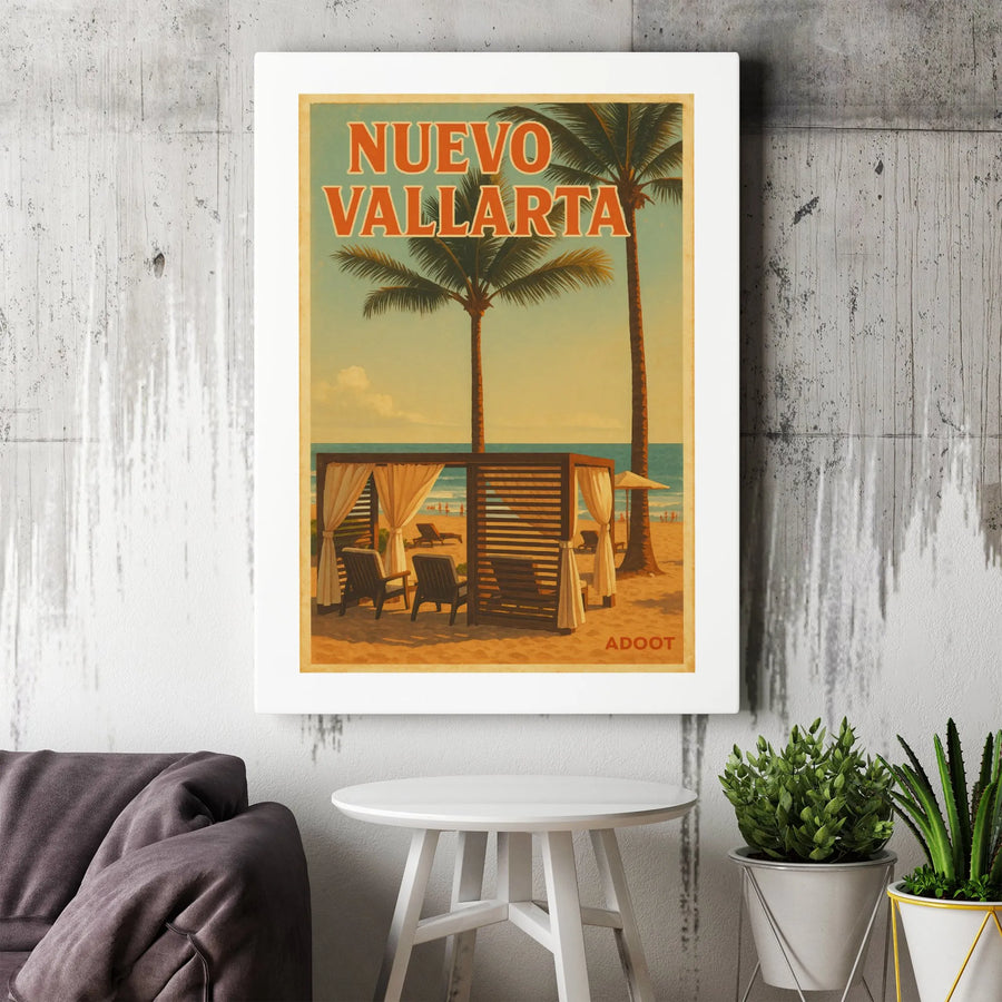 Nuevo Vallarta Travel Poster | Vintage Beach Cabana Wall Art | 1.25-Inch Gallery Wrap Canvas | Premium Tropical Home Decor Gift