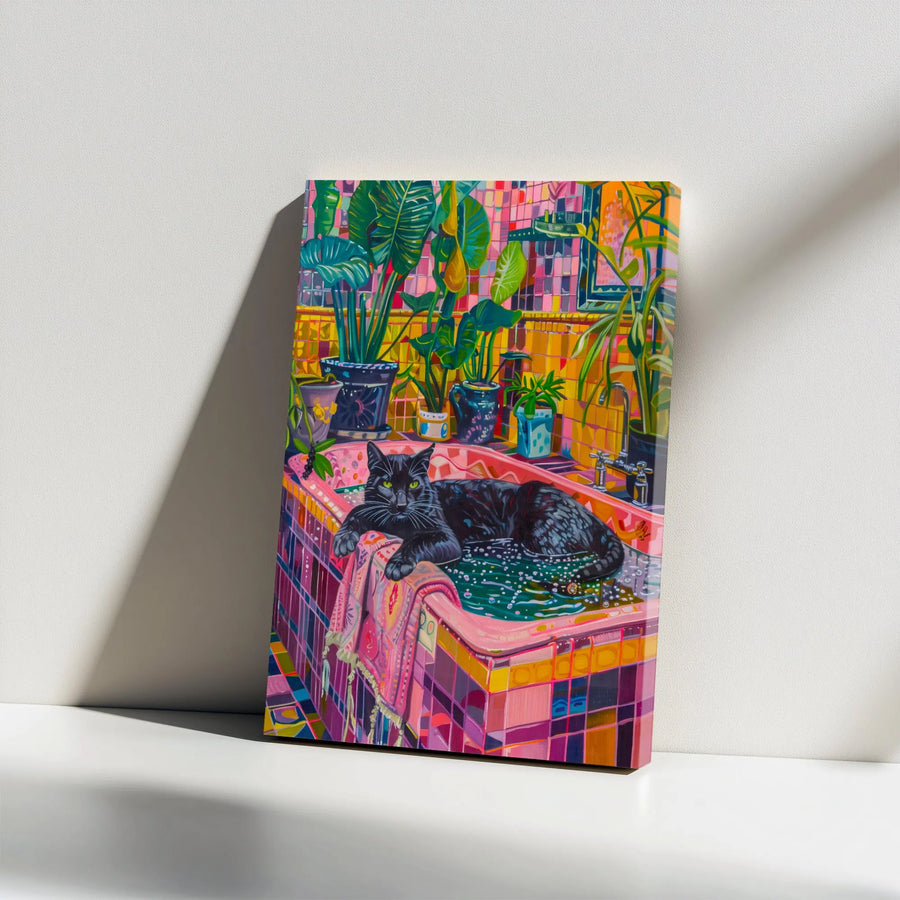 Black Cat Canvas Wall Art | Vibrant Bathroom with Houseplants | Premium Gallery Style Canvas | Collector's Gift for Cat & Plant Lovers