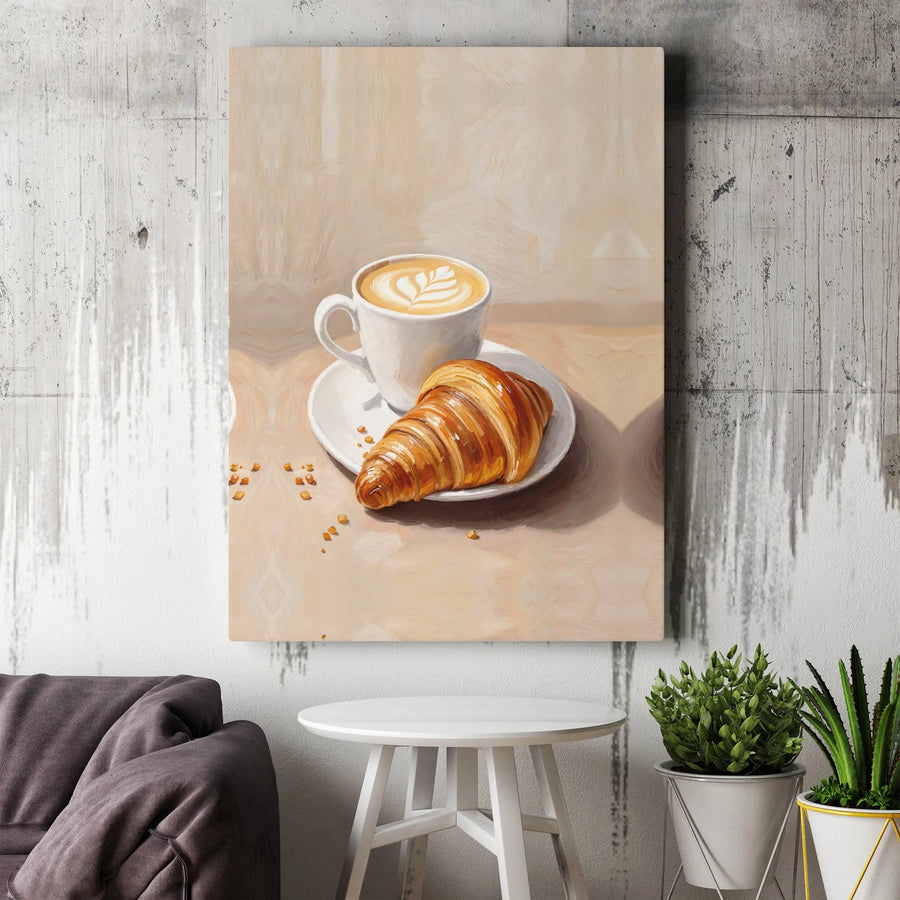 Coffee and Croissant Canvas Print | Impressionist Latte Art Wall Decor | 1.25-inch Premium Gallery Wrap | Kitchen and Cafe Aesthetic Gift
