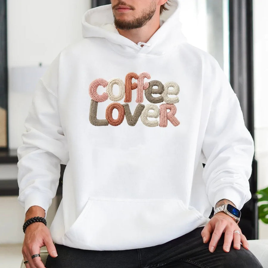 Coffee Lover Hoodie | Faux Yarn Texture Design | Soft Cotton Blend Premium Pullover | Cute Caffeine Addict Gift for Women & Men