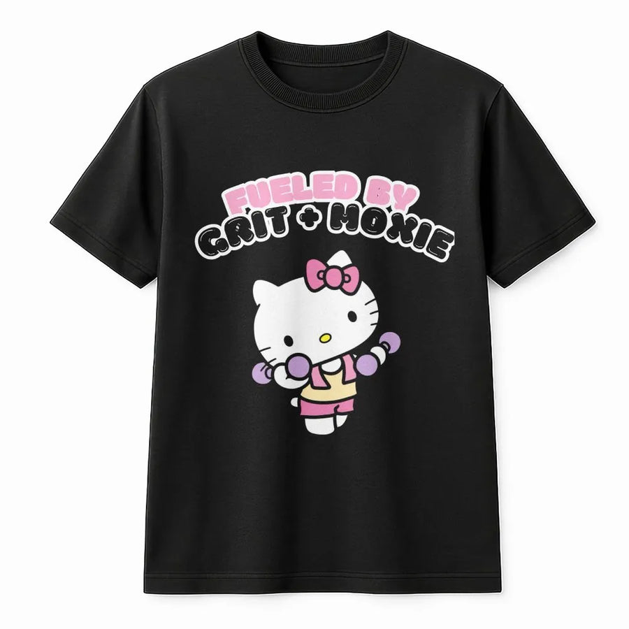 Cute Cat Workout T-Shirt | Fueled by Grit + Moxie Graphic | Premium Unisex Crewneck | Gift for Gym Lover