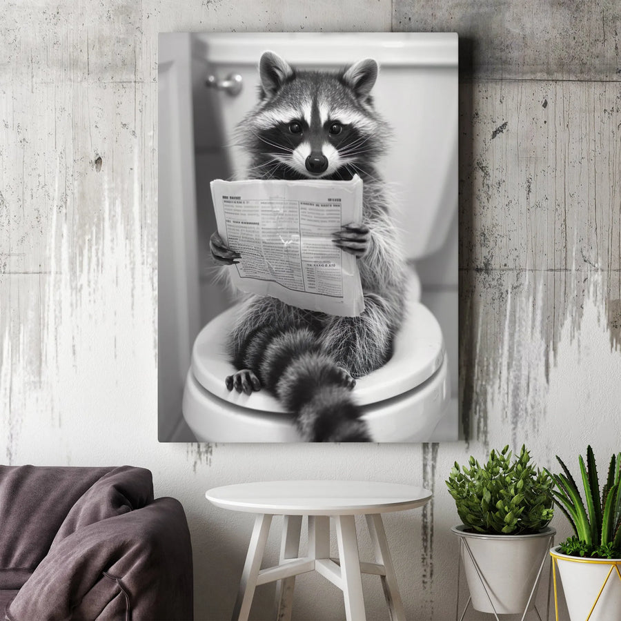 Funny Raccoon Bathroom Wall Art | Reading Newspaper Toilet Decor | Premium Gallery-Wrapped Canvas | Quirky Gift for Bathroom Decor