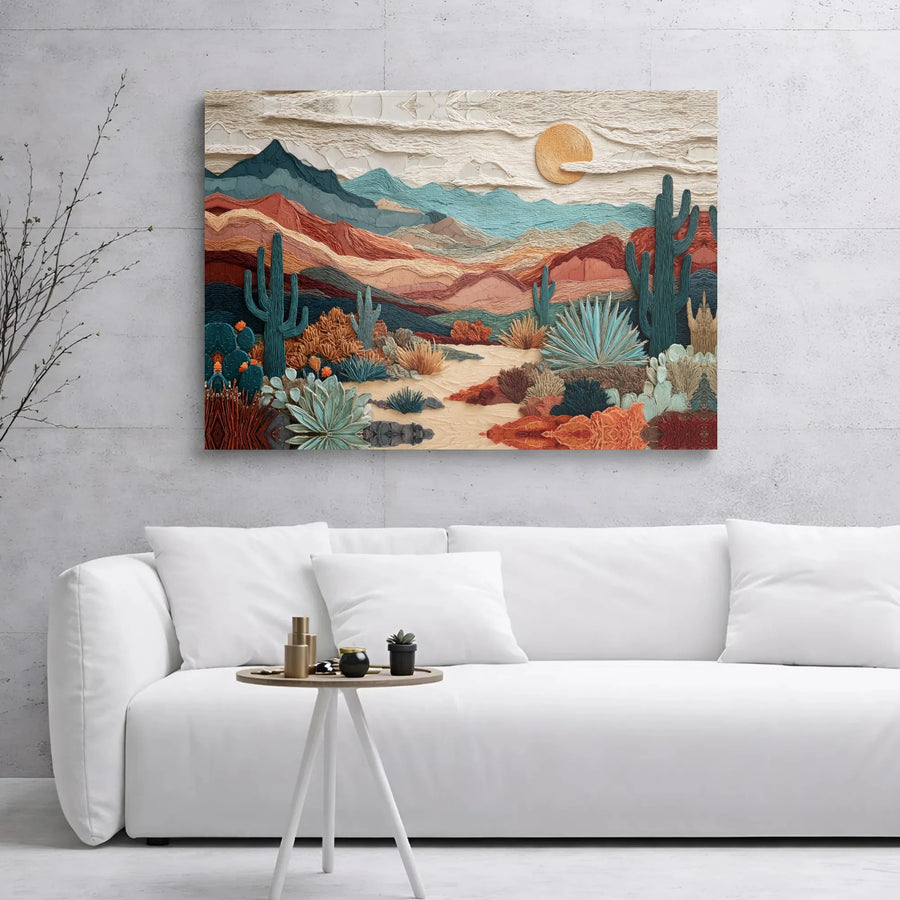 Southwestern Desert Landscape Canvas Art | Textured Boho Mountain Cactus Print | Premium 1.25" Gallery Wrap | Modern Home Decor Wall Hanging