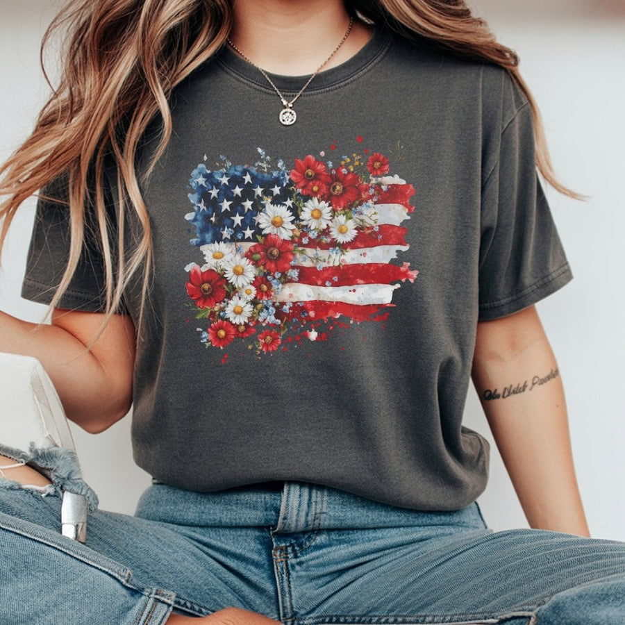 Floral American Flag T-Shirt | Watercolor Flower USA Patriotic Graphic | 100% Cotton Premium Tee | Fourth of July Gift for Women